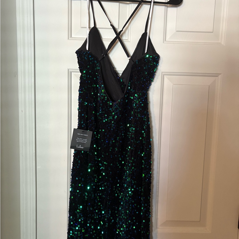 Lulu's Keep it Regal Green Iridescent Sequin Velvet Maxi dress - Picture 6 of 7